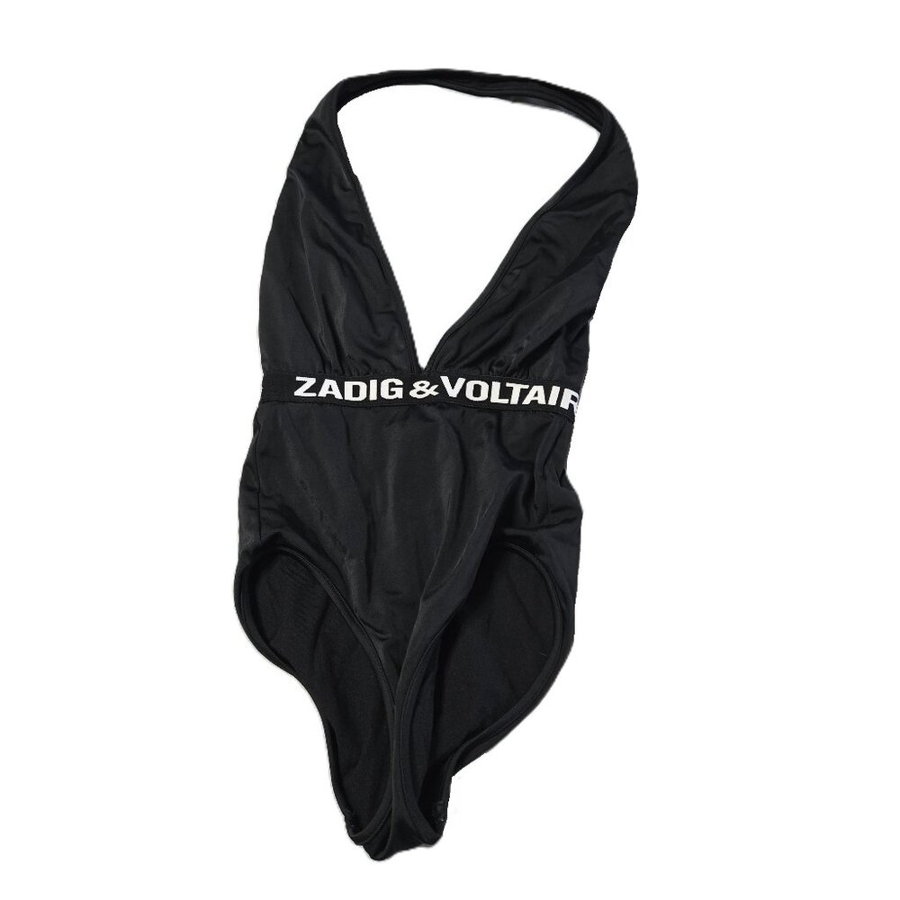 Zadig & Voltaire Sz 4 Womens Black Logo Halter One Piece SwimSuit